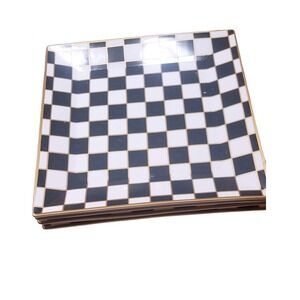 Set of 4 Square Black White Checkerboard Lunch Plates with Gold Rim